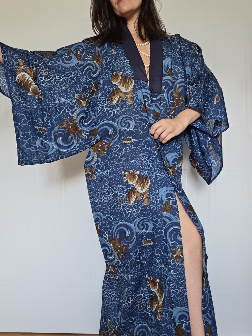 Vintage Japanese Cotton Juban | Dragon & Ocean Waves Novelty Print Kimono